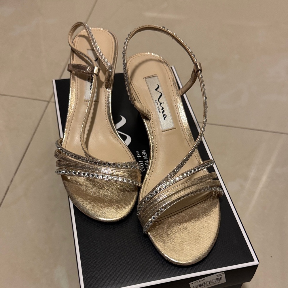 Nina Gold Strappy Heels with Sparkle